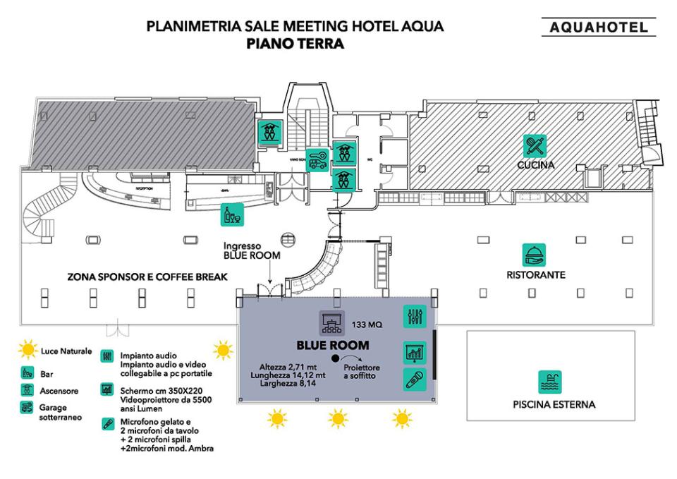 Planimetria dell'hotel con sale meeting, ristorante e piscina esterna.